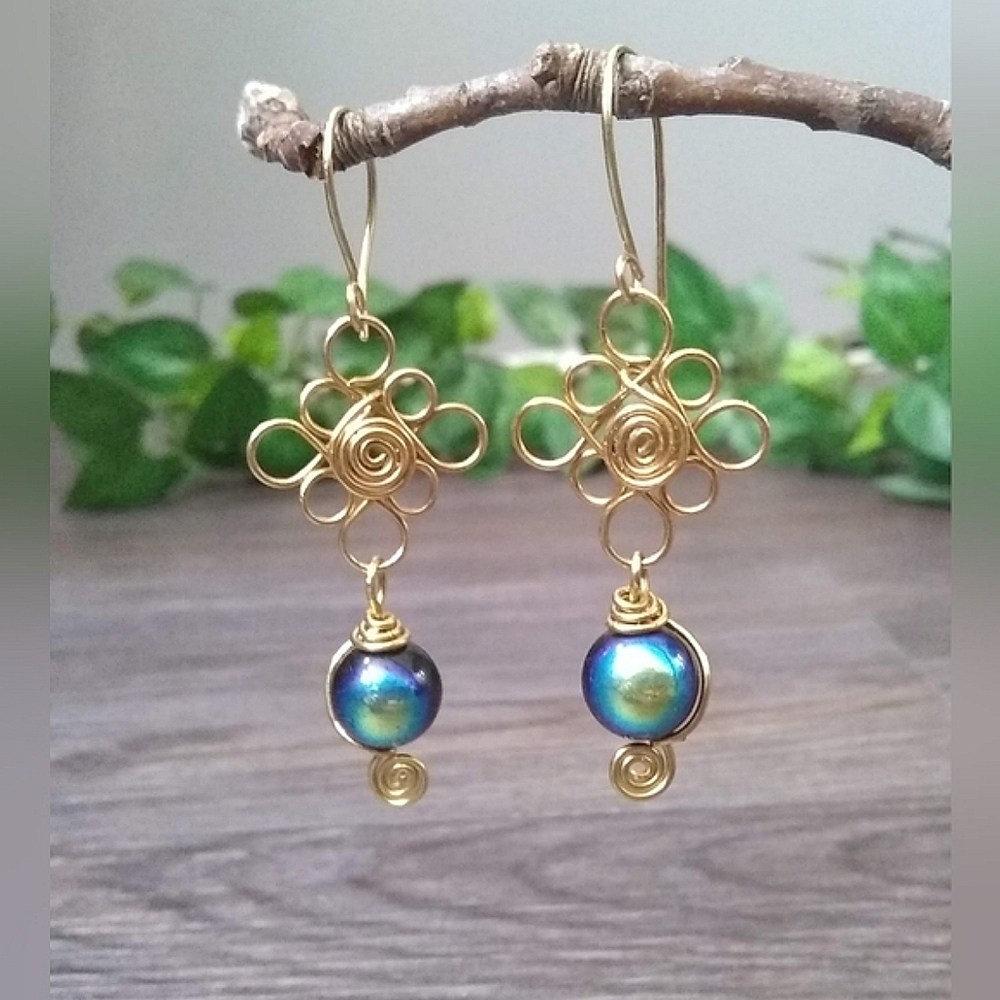 Handcrafted Earrings Gold with Black Aurora Borealis Glass Beads